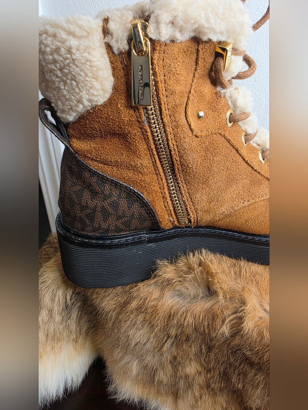 Michael Kors Tan Suede Shearling Lace-Up Ankle Boots - Picture 9 of 14